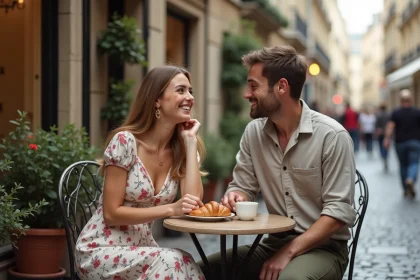 Couple complice partageant un café en terrasse parisienne, évoquant les débuts d'une histoire d'amour