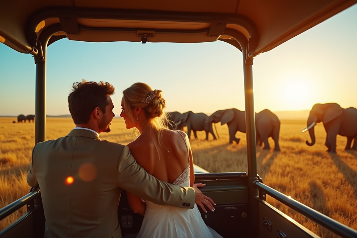Jeune couple en safari en Afrique du Sud avec éléphants