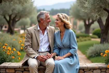 Couple de seniors souriants dans un jardin méditerranéen