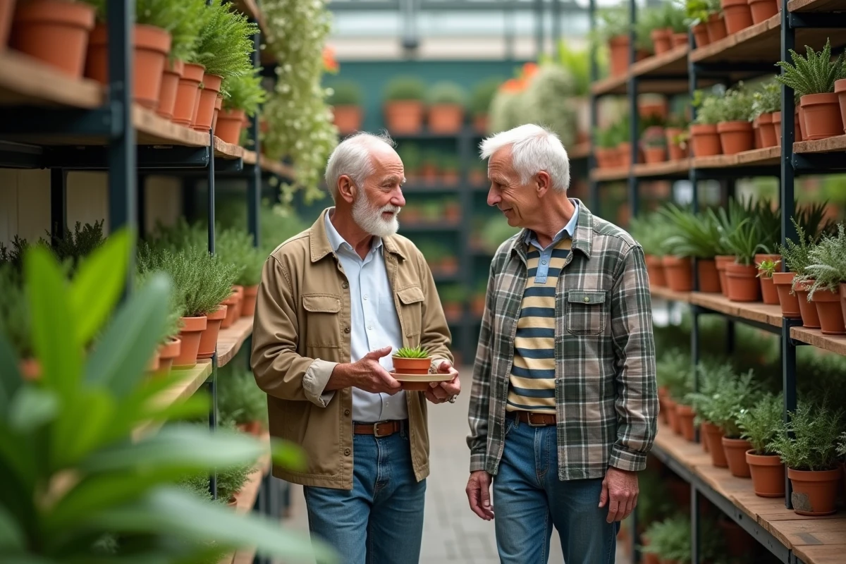 Deux hommes en couple visitant une pépinière ensemble, évoquant la relation discrète et partagée autour du jardinage de Stéphane Marie et son conjoint