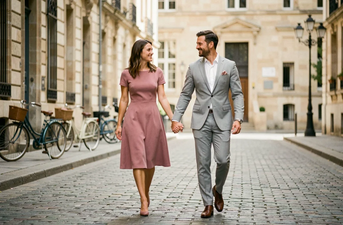 Couple en tenue chic marchant devant la mairie le jour de leur mariage civil