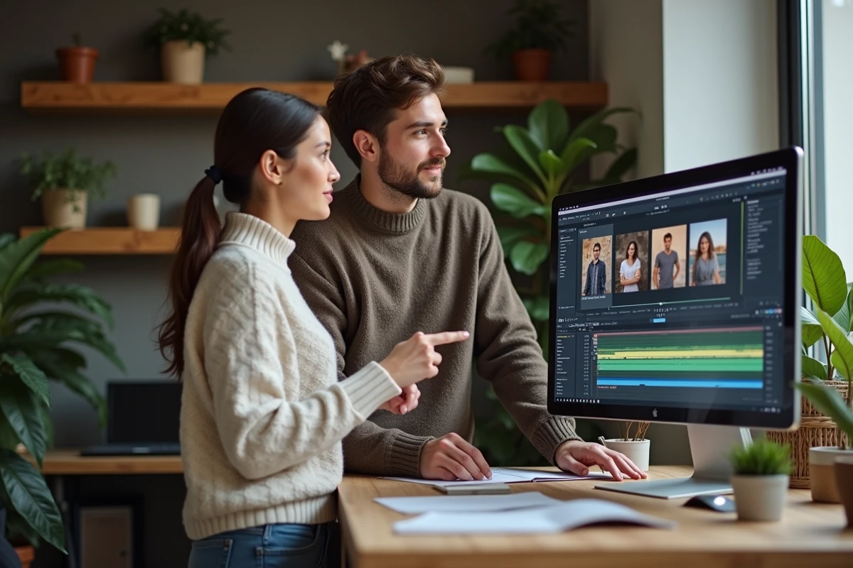 Couple en travail dans un bureau moderne avec photos de mariage