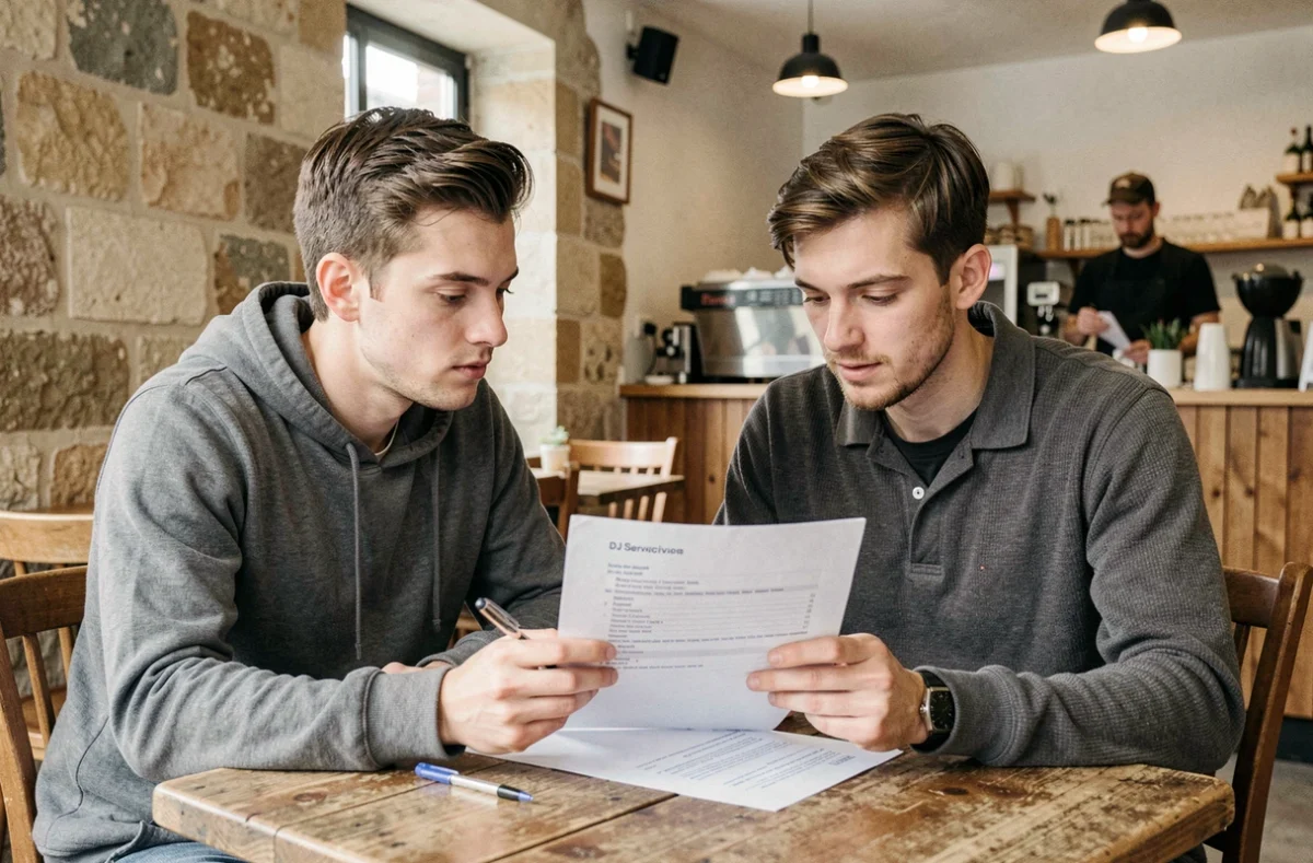 Couple examinant un contrat de prestation DJ à Lyon avant de confirmer leur réservation