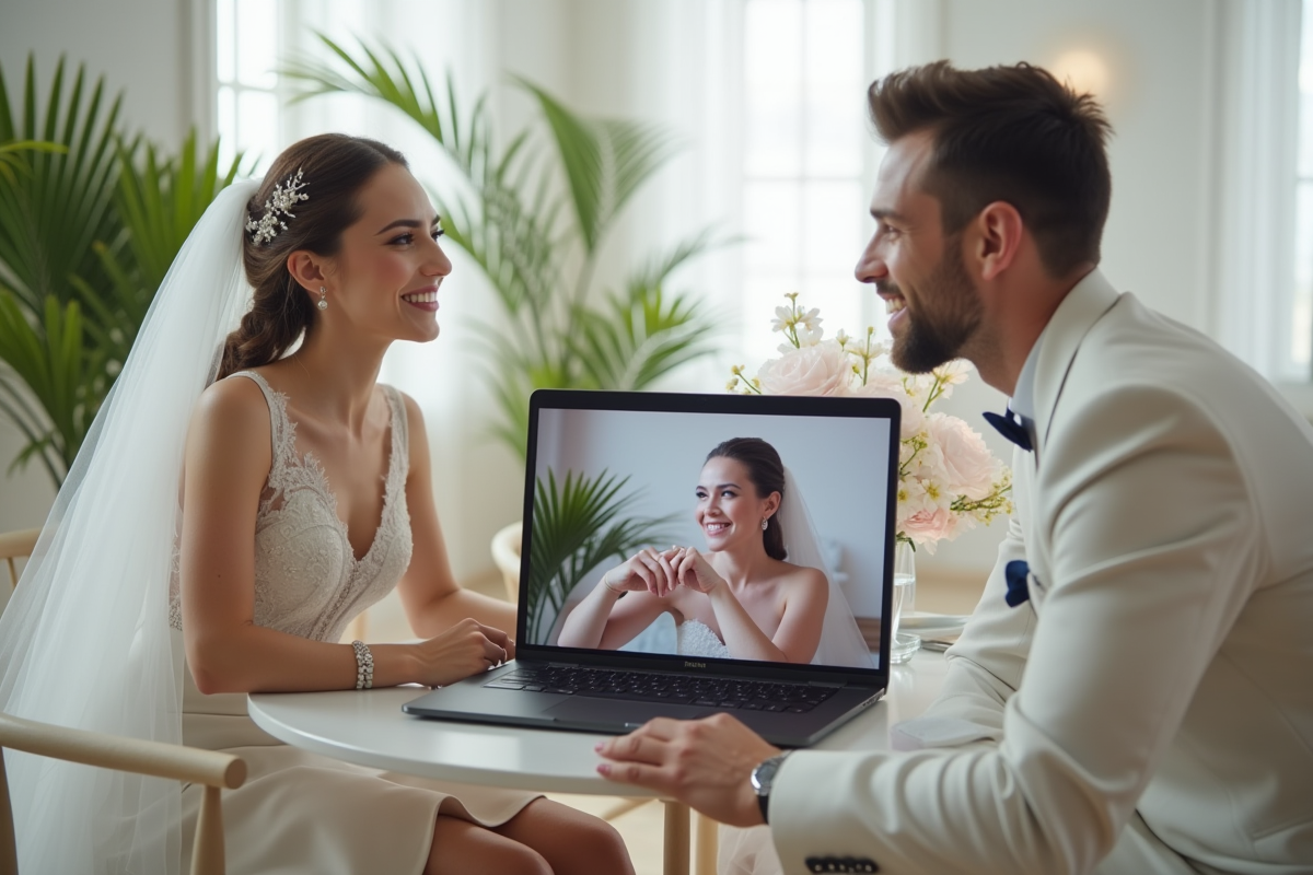 Couple en visioconference pour un mariage en ligne souriant