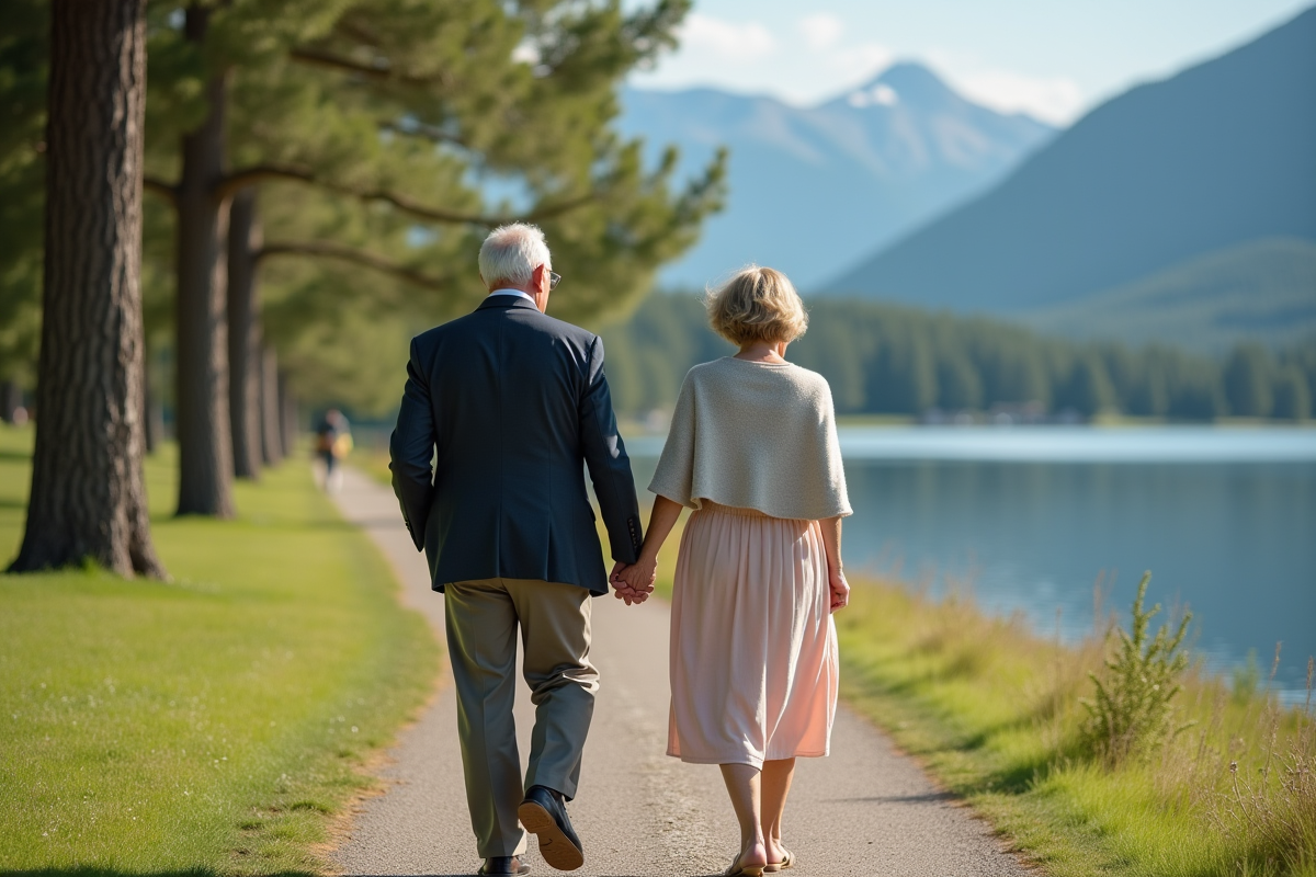 Vieux couple main dans la main au bord du lac dans un parc