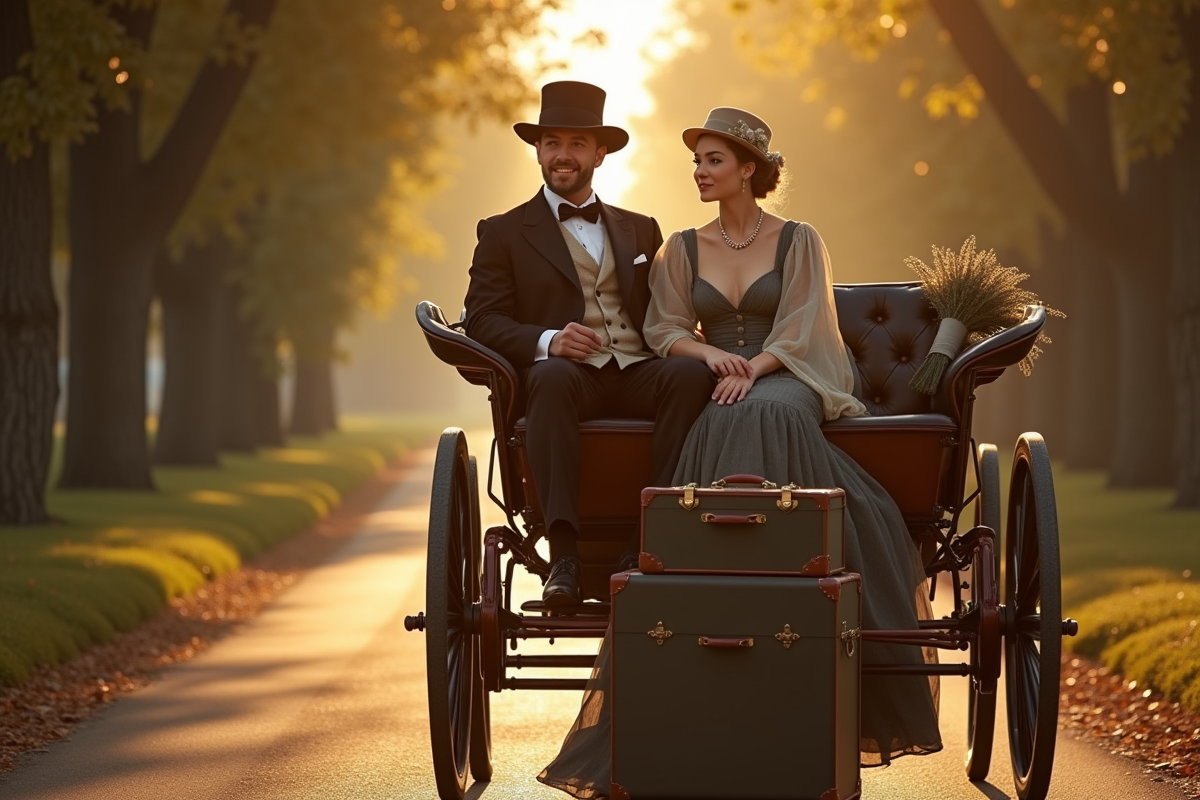 Couple élégant dans une calèche vintage pour la lune de miel
