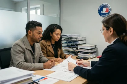 Couple mixte en entretien avec un agent préfectoral pour une demande de visa mariage en France