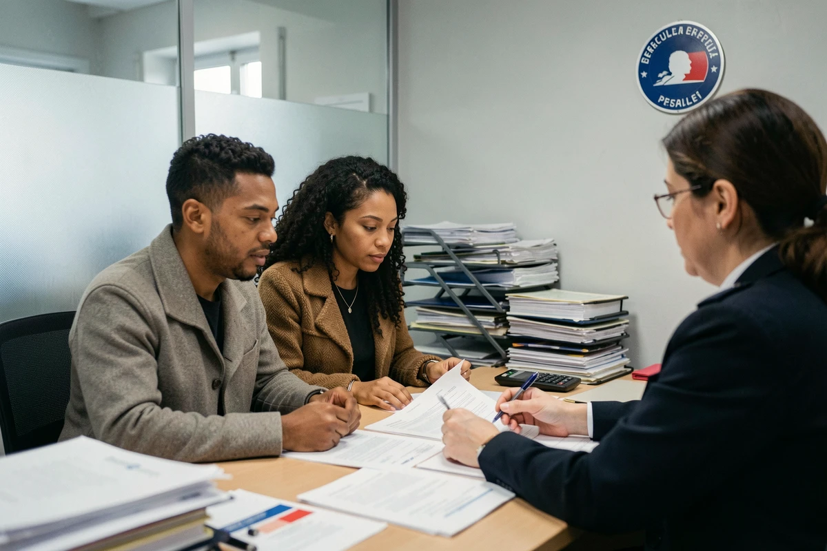 Couple mixte en entretien avec un agent préfectoral pour une demande de visa mariage en France