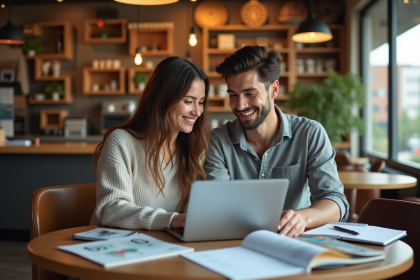 Jeune couple planifiant leur lune de miel dans un café chaleureux