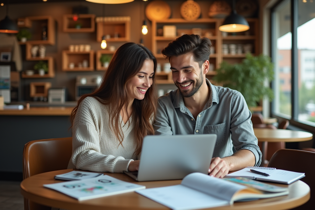 Jeune couple planifiant leur lune de miel dans un café chaleureux
