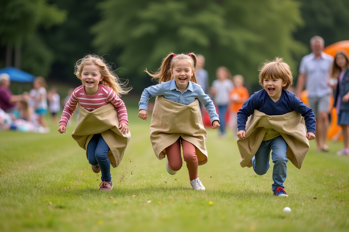 Enfants courant en course de sacs dans un parc en famille