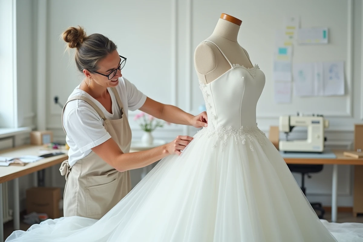 Couturière expérimentée ajustant une robe de mariée sur mesure dans son atelier de couture professionnel