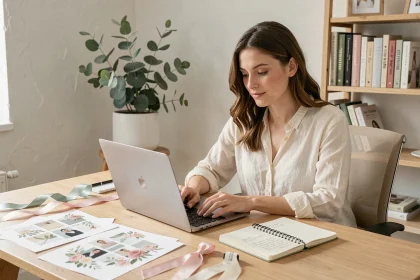 Femme créant un site de mariage sur un ordinateur portable dans un bureau élégant et minimaliste
