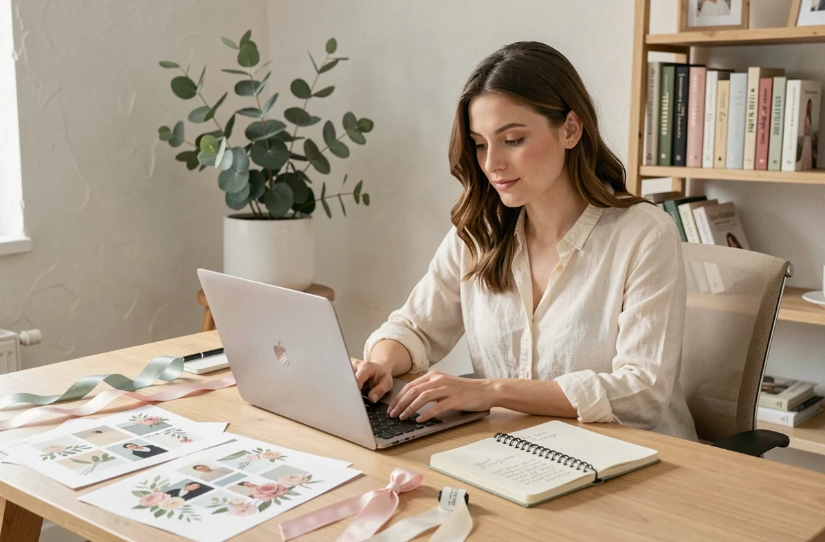 Femme créant un site de mariage sur un ordinateur portable dans un bureau élégant et minimaliste