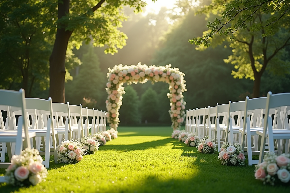Cérémonie de mariage en plein air dans un jardin verdoyant avec chaises blanches et décor floral