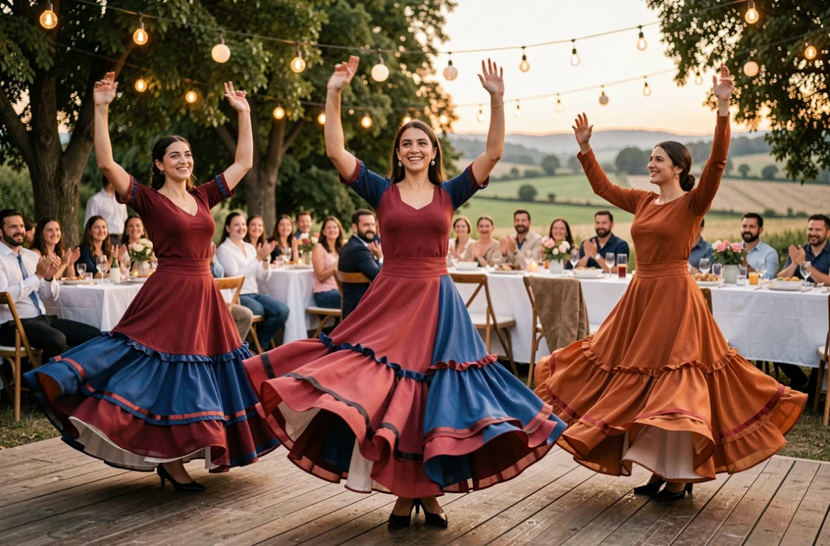 Femmes gitanes dansant en robes colorées lors des festivités d'un mariage romani traditionnel
