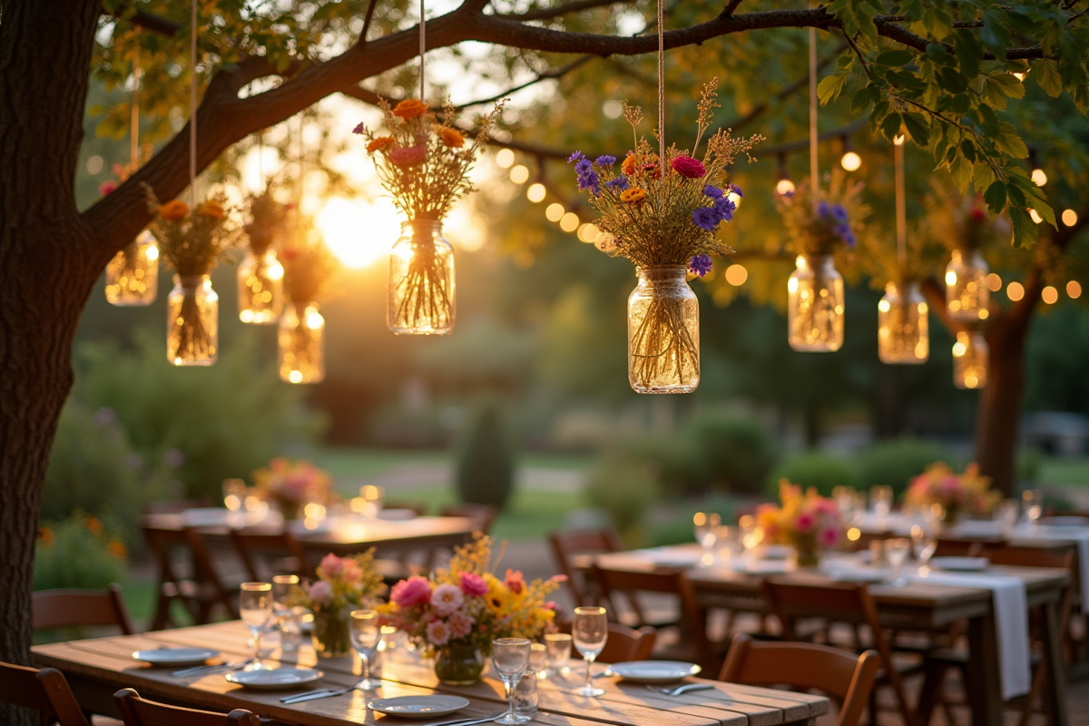 Décoration de mariage dans un jardin avec lanternes et tables rustiques sous lumières féeriques