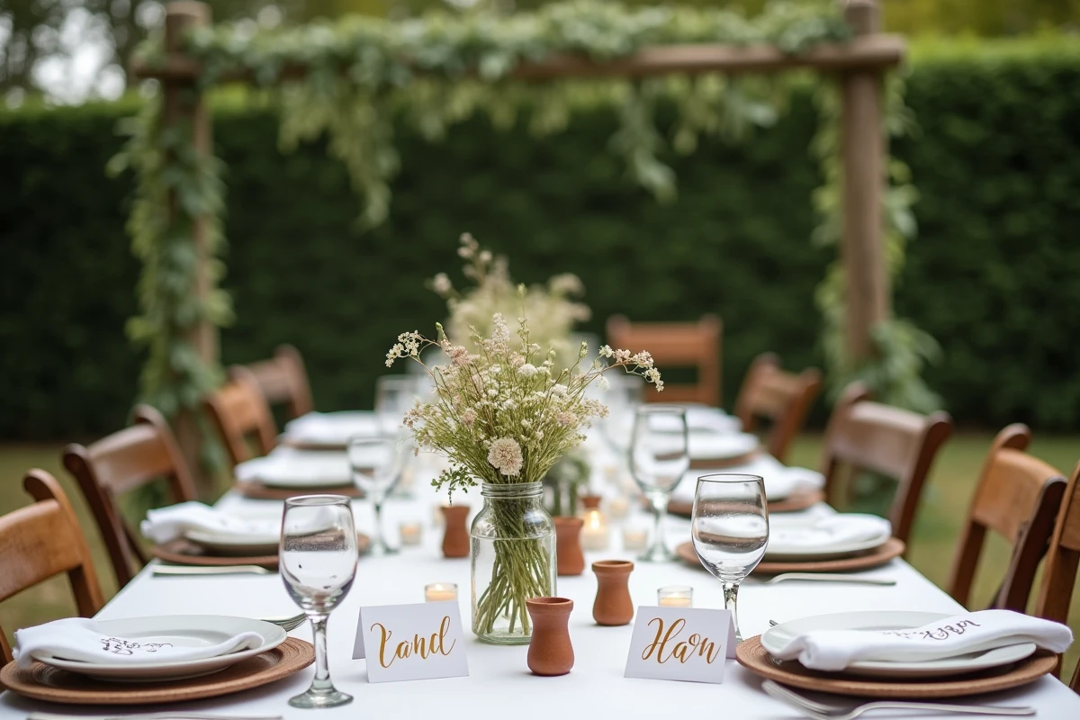 Décoration de table de mariage champêtre et économique avec fleurs sauvages et éléments DIY