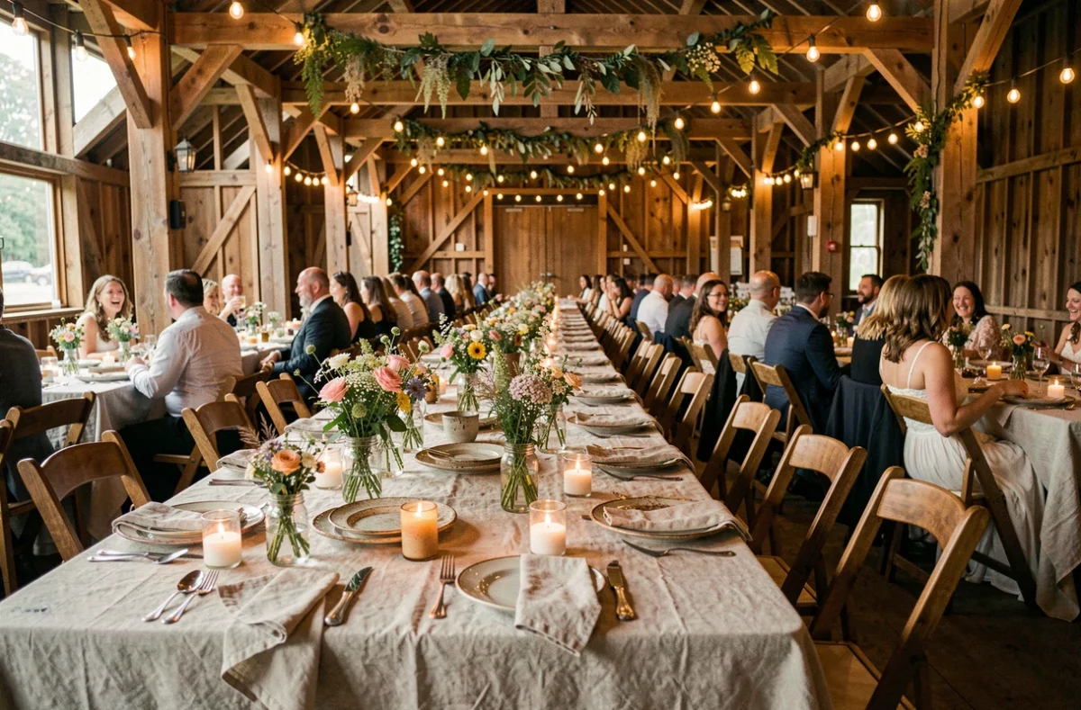 Décoration de table de mariage champêtre économique pour 100 personnes avec fleurs sauvages et bocaux en verre dans une grange rustique