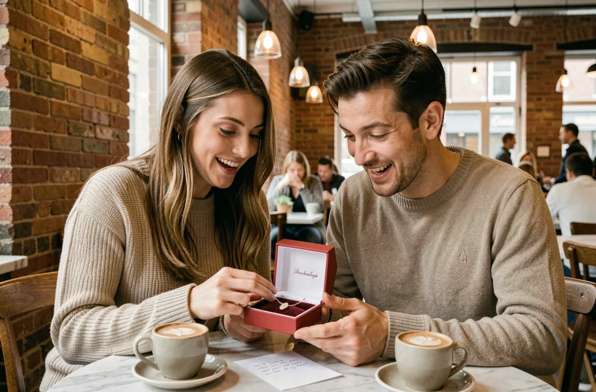 Couple découvrant un cadeau personnalisé pour témoins de mariage dans un café chaleureux