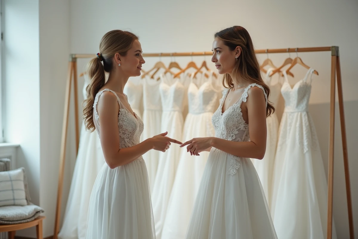 Deux femmes inspectant les défauts de couture d'une robe de mariée bon marché lors d'un essayage, mettant en évidence les pièges des robes pas chères