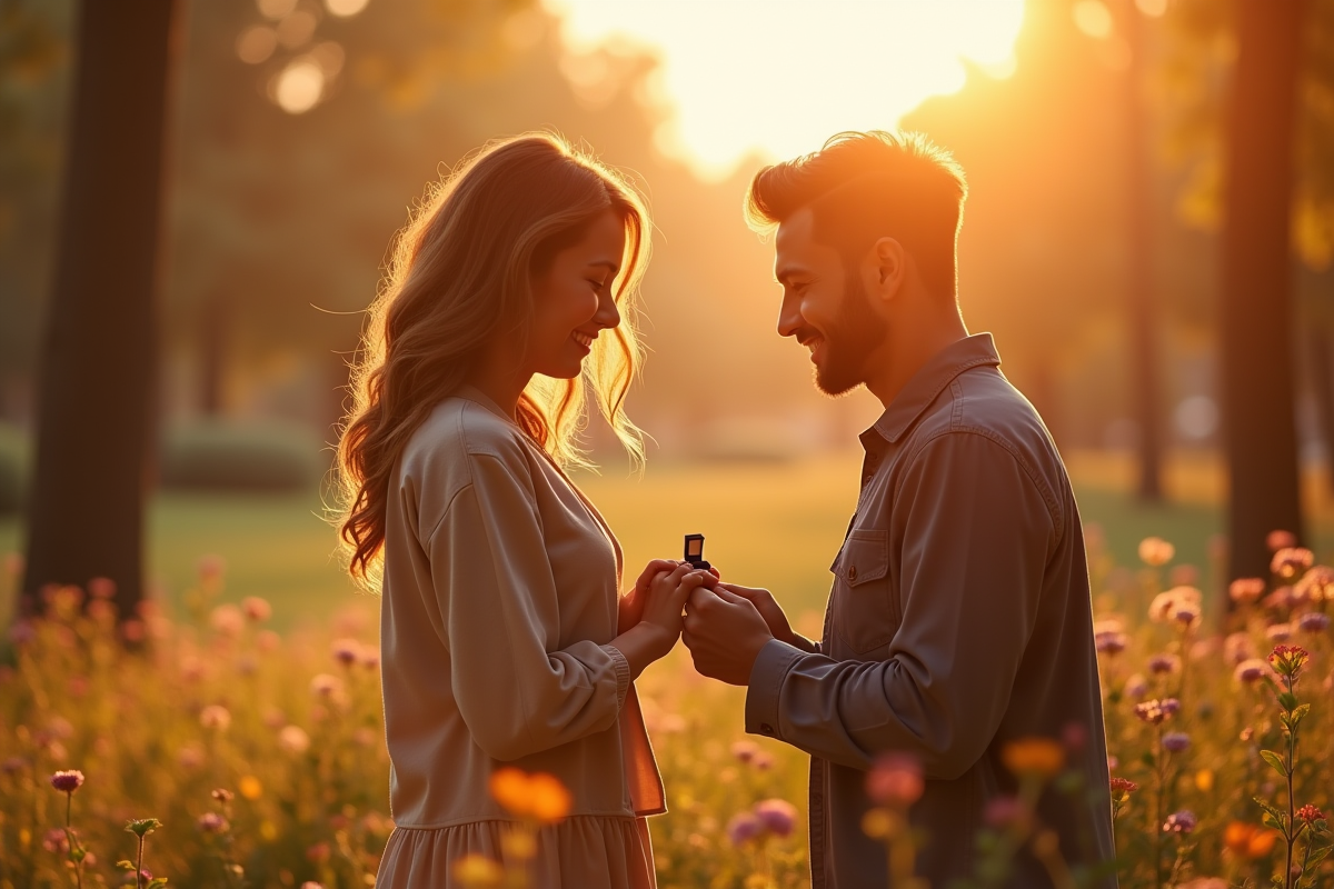 Couple au parc lors du coucher de soleil avec bague