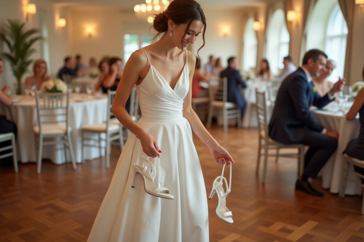 Demoiselle d'honneur tenant ses chaussures blanches à talons trop petites pieds nus dans une salle de réception de mariage