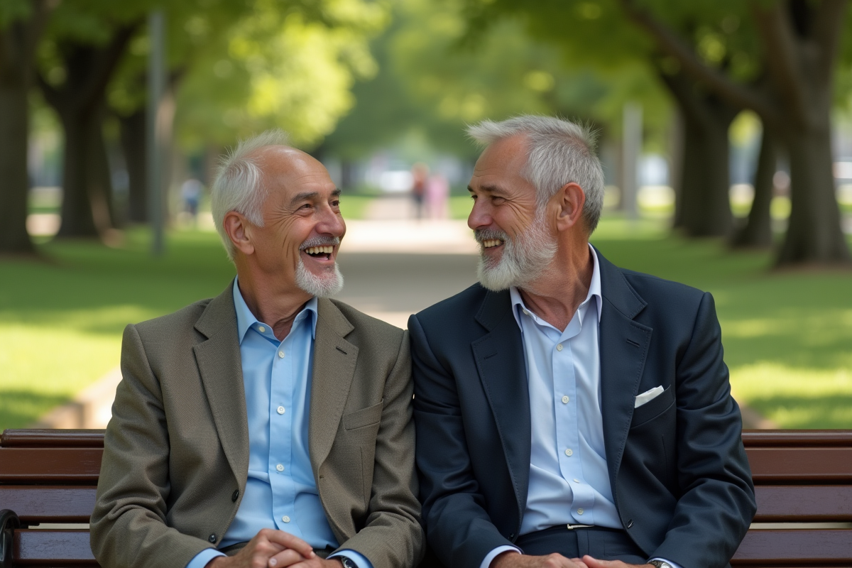 Deux hommes âgés discutant et riant dans un parc ensoleille