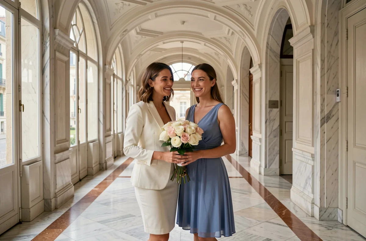 Deux mariées en robes élégantes dans le couloir en marbre d'une mairie française lors d'un mariage civil