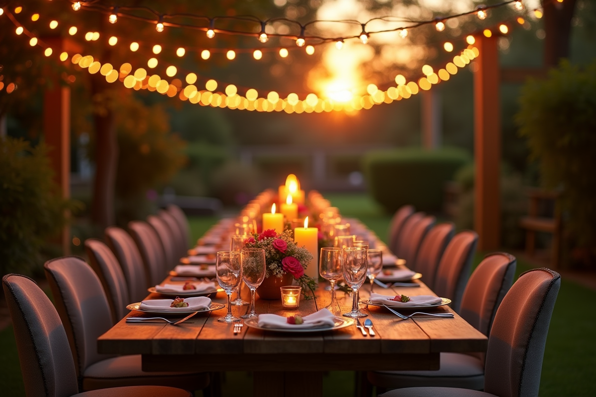 Dîner en plein air au coucher du soleil avec lumières et fleurs
