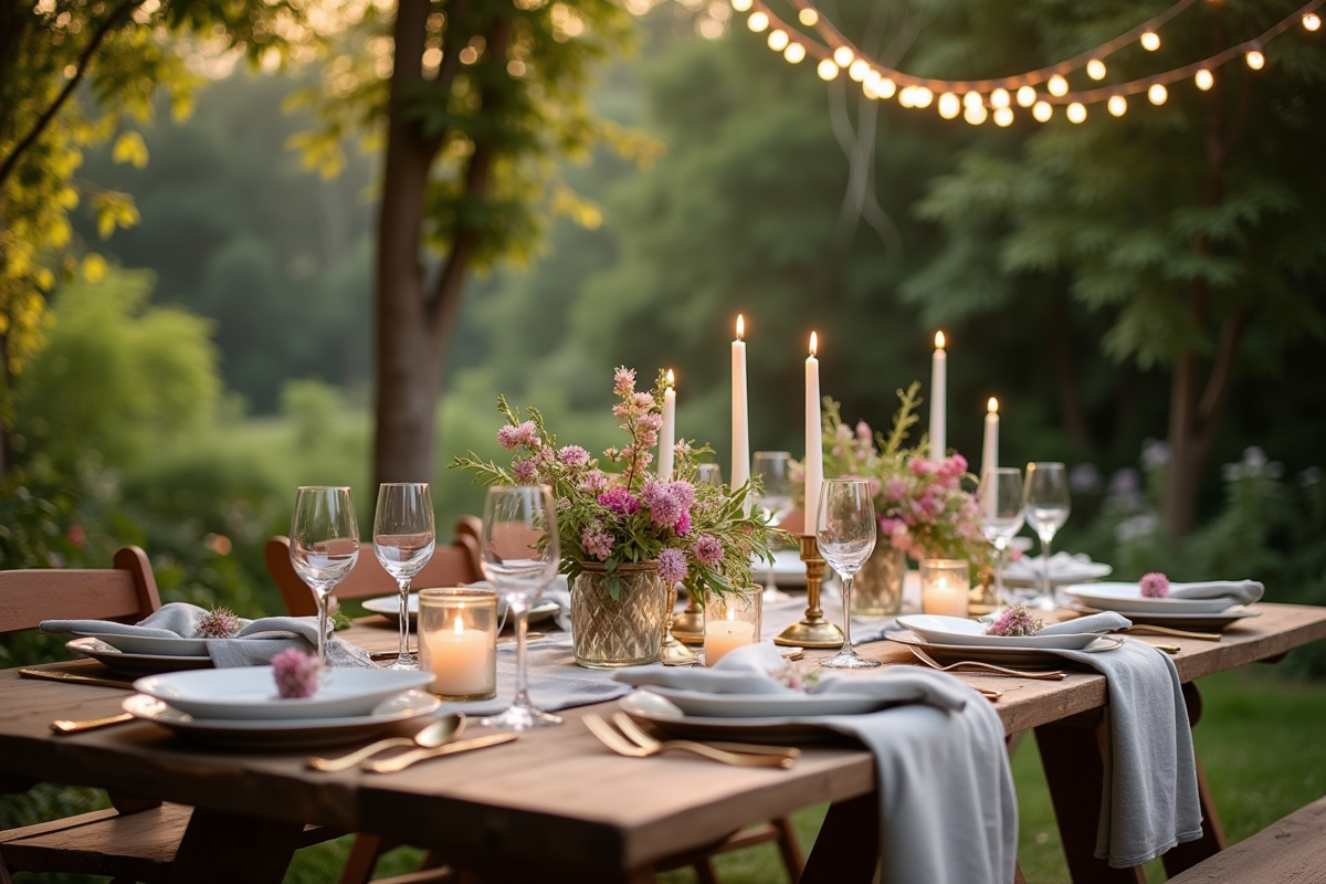 Table de dîner de mariage en jardin avec fleurs et lumières douces