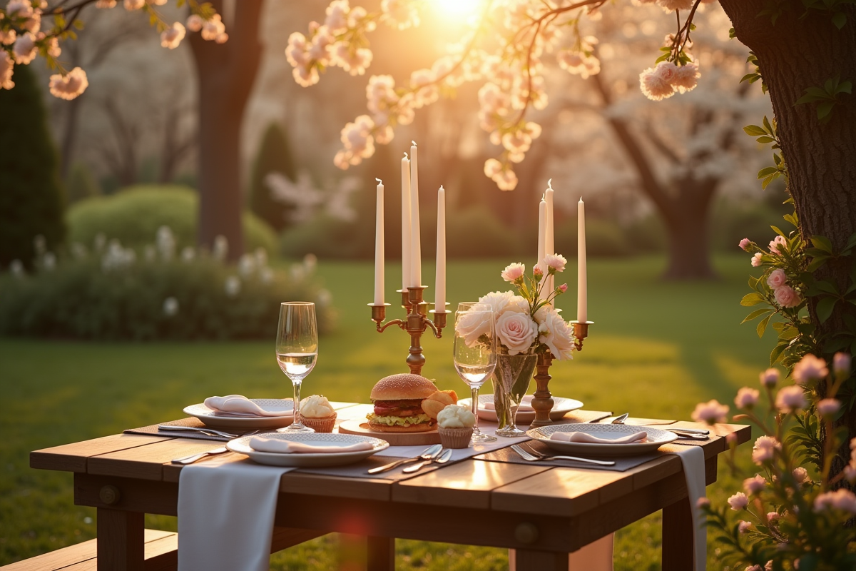 Dîner romantique en plein air dans un jardin fleuri au printemps