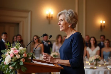 Mère de la mariée prononçant un discours émouvant lors d'une réception de mariage élégante