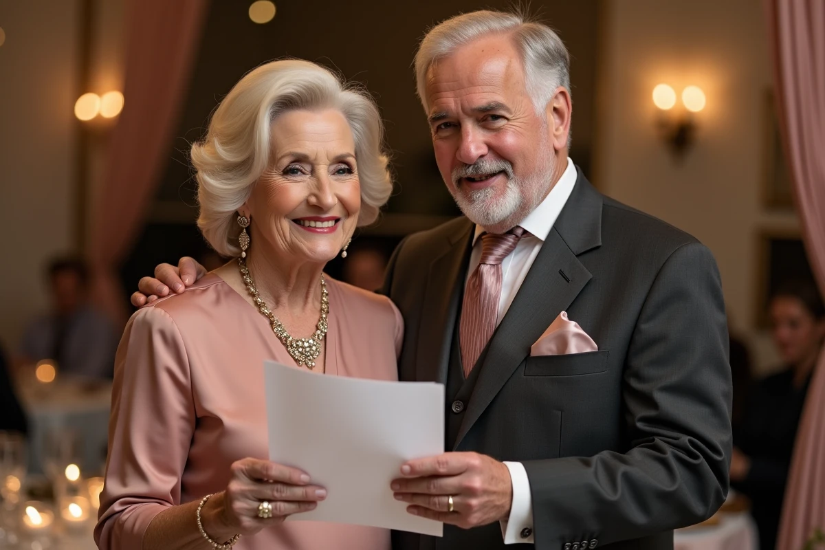 Les deux parents des mariés côte à côte prononçant ensemble un discours émouvant lors du banquet de mariage