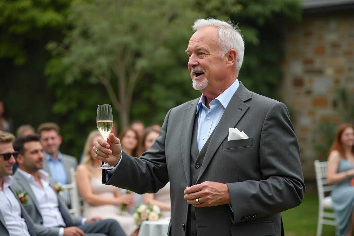 Père du marié portant un toast et prononçant un discours lors d'un mariage en plein air