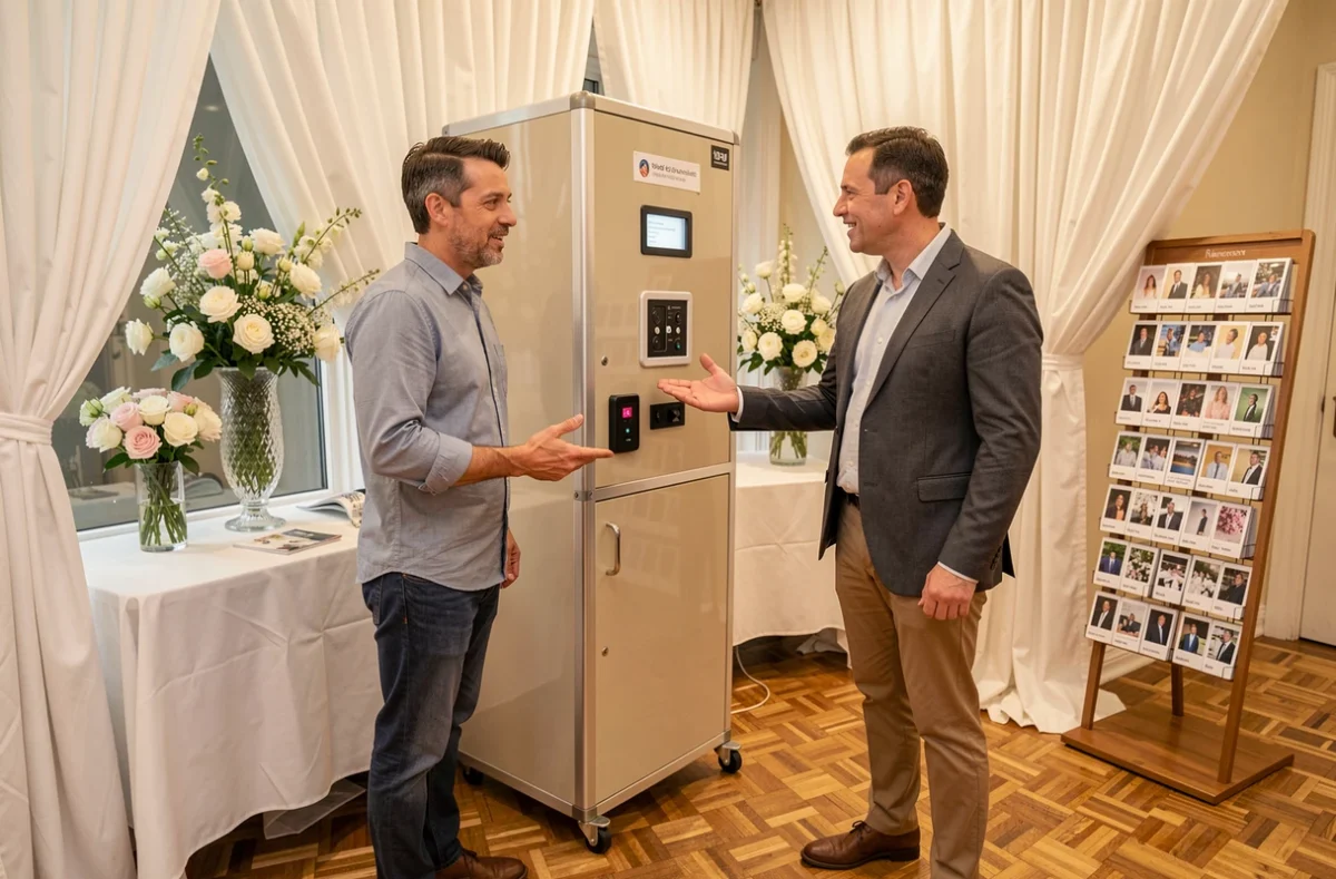 Un homme discute des options et du prix d'un photobooth avec un prestataire dans un showroom événementiel