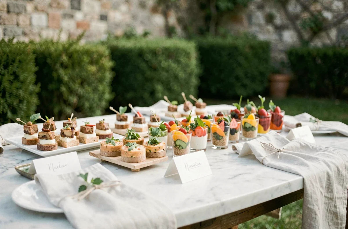 Table de cocktail mariage soignée par Divernet Traiteur avec verrines, canapés et garnitures fraîches sur marbre
