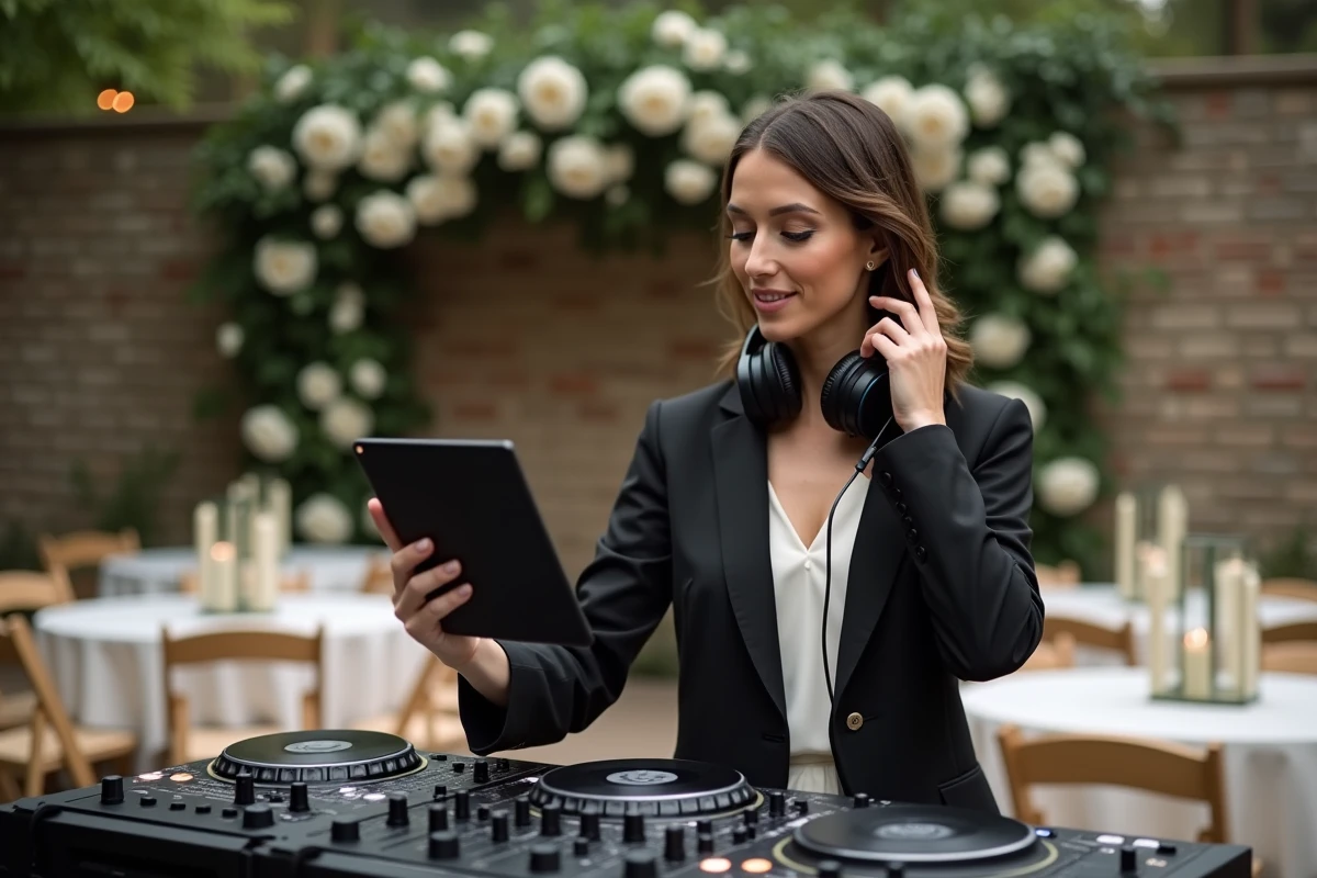 Une DJ professionnelle consulte sa liste musicale sur tablette lors d'un mariage en plein air dans un jardin fleuri