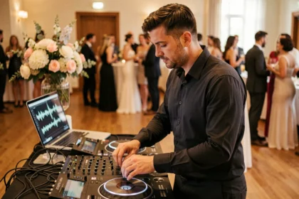 DJ lyonnais en action derrière ses platines lors d'une réception de mariage, en train de mixer avec concentration