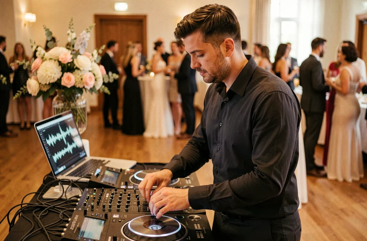 DJ lyonnais en action derrière ses platines lors d'une réception de mariage, en train de mixer avec concentration