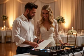 Un DJ professionnel consulte sa liste de chansons avec une mariée lors d'un mariage en salle de réception élégante