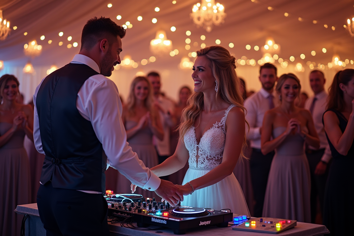 DJ de mariage souriant avec mariés et invités dans une réception festive