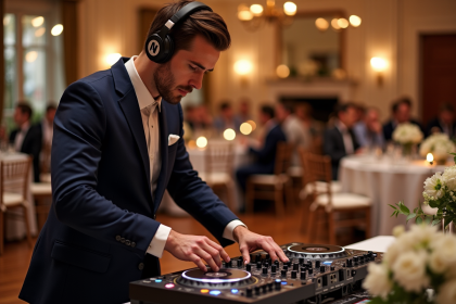 DJ en costume mixant lors d'un mariage élégant