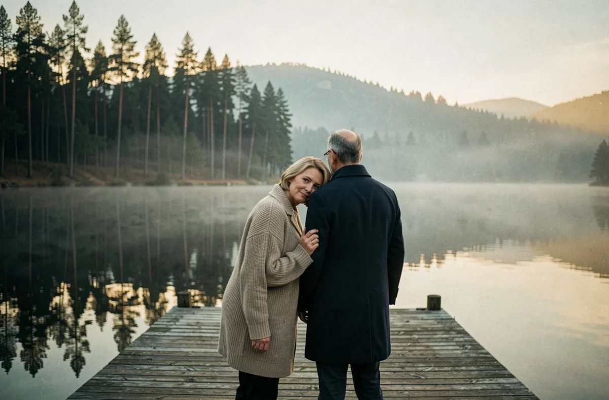 Couple uni contemplant le lac depuis un ponton en bois, évoquant la durée et la solidité de la relation amoureuse de Dorothée et Vincent