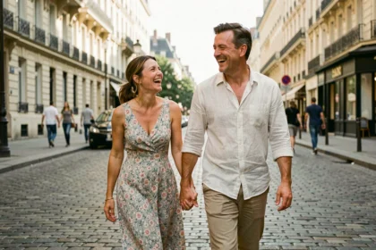 Couple amoureux se promenant main dans la main dans les rues de Paris, illustrant l'histoire d'amour de Dorothée et Vincent