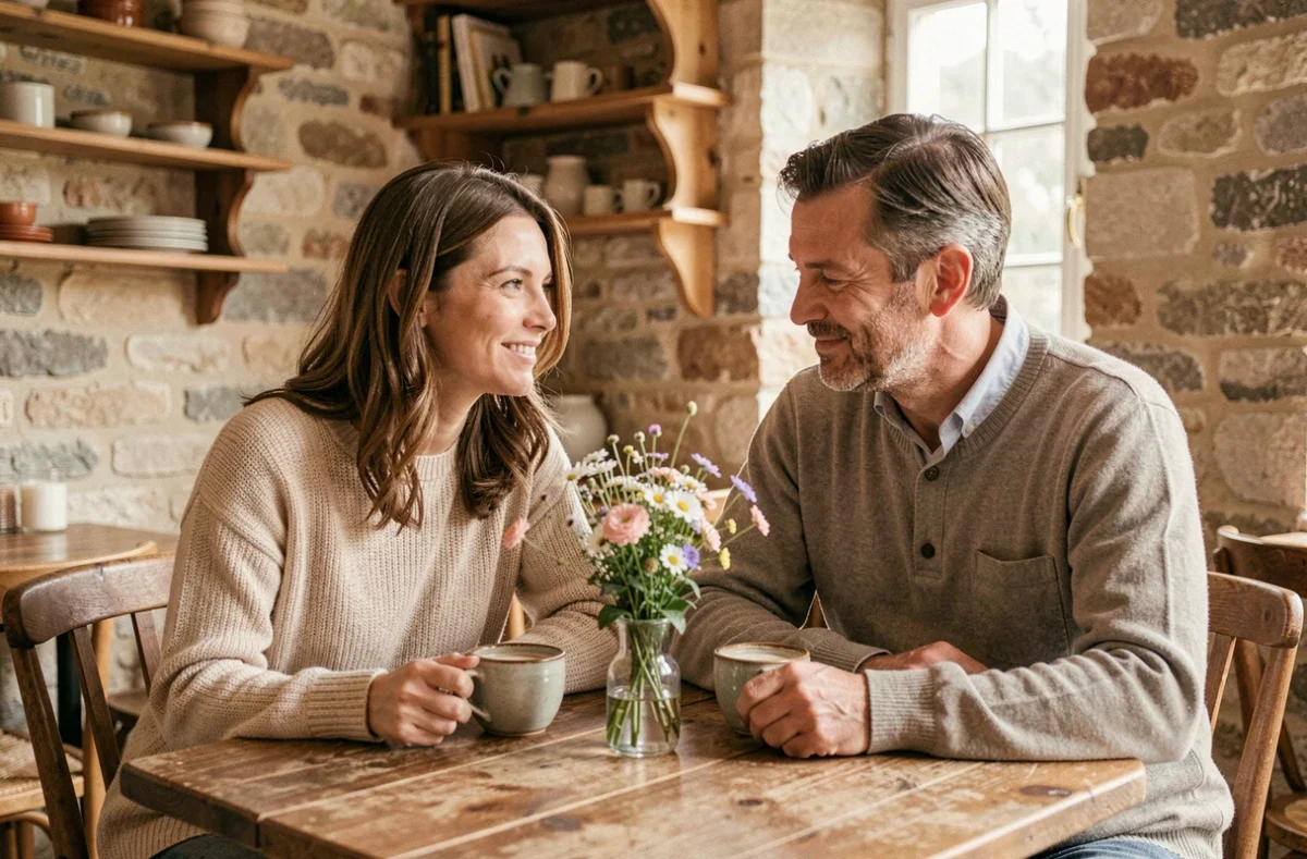 Couple partageant un moment intime dans un café de campagne française, symbolisant la complicité amoureuse de Dorothée et Vincent