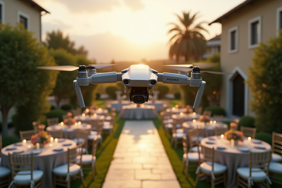 Drone survolant un mariage en plein air avec invités et décoration