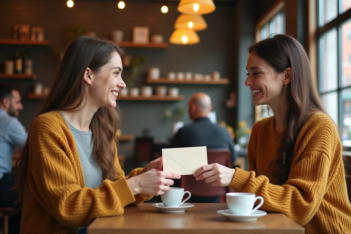 Deux femmes échangeant une enveloppe de remerciement avec le sourire dans un café chaleureux