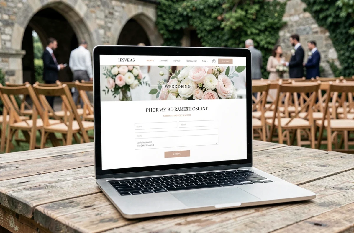 Écran de site de mariage affiché sur un ordinateur portable dans un lieu de réception en pierre à la campagne