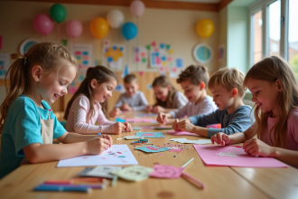 Groupe d'enfants créant des décorations lors d'un atelier
